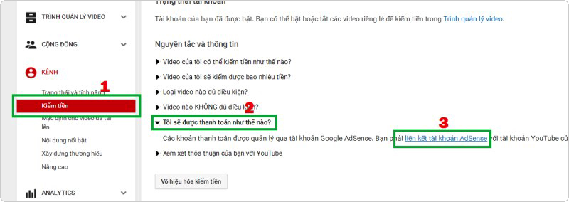 Vào YouTube để tiến hành đăng ký tài khoản AdSense