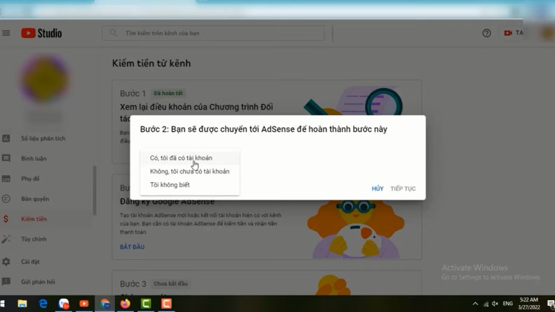 Tiến hành liên kết tài khoản AdSense