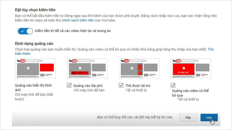 Tùy chỉnh định dạng quảng cáo có thể xuất hiện trong cùng nội dung video của mình